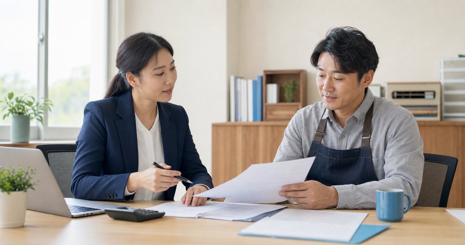 사무실에서 정책자금 신청 서류를 함께 검토하는 중소기업 대표와 상담자