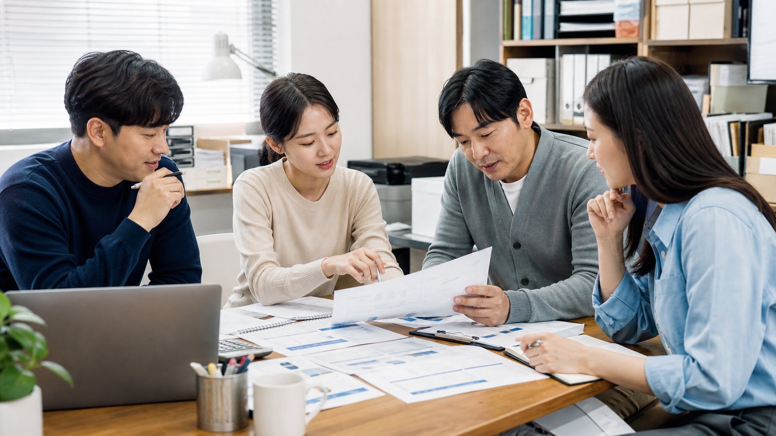 사무실에서 서류와 노트북을 두고 정책자금 신청을 논의하는 실무자들
