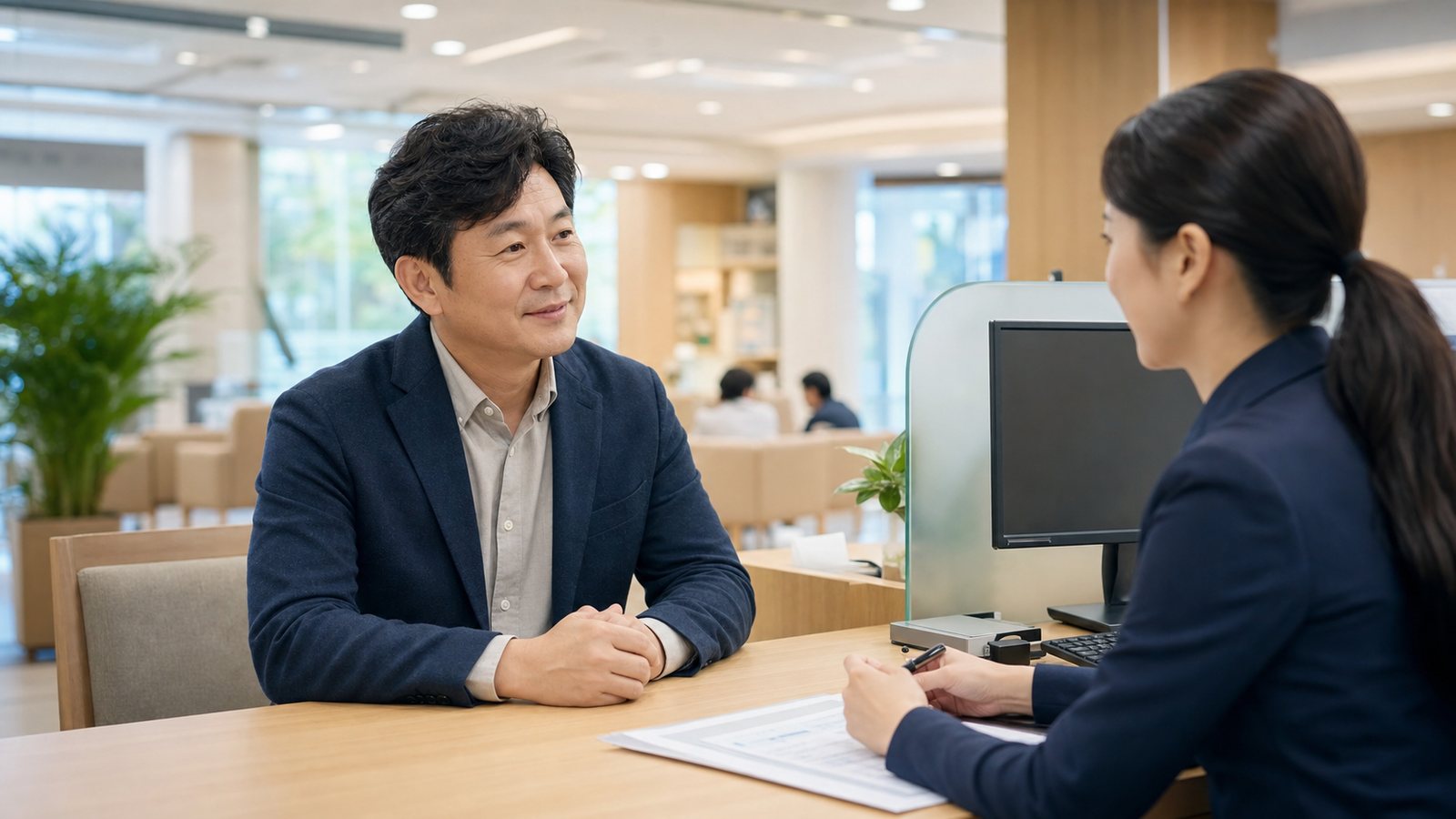 정책자금 상담 창구에서 대출 서류를 상담하는 중소기업 관계자