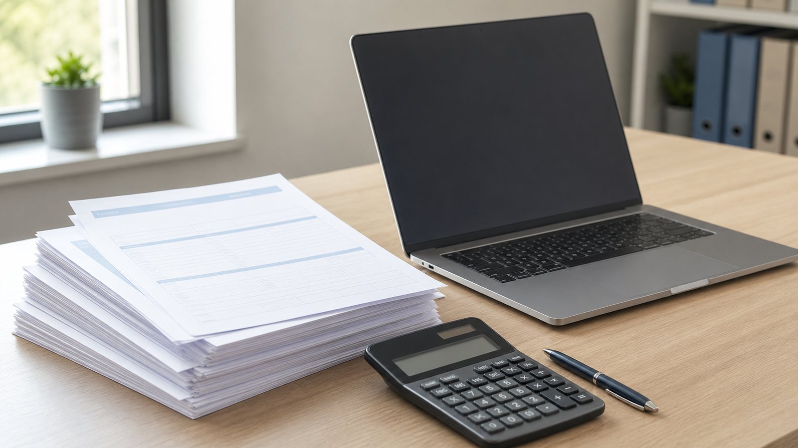 정책자금 신청 서류와 노트북, 계산기가 놓인 사무실 책상