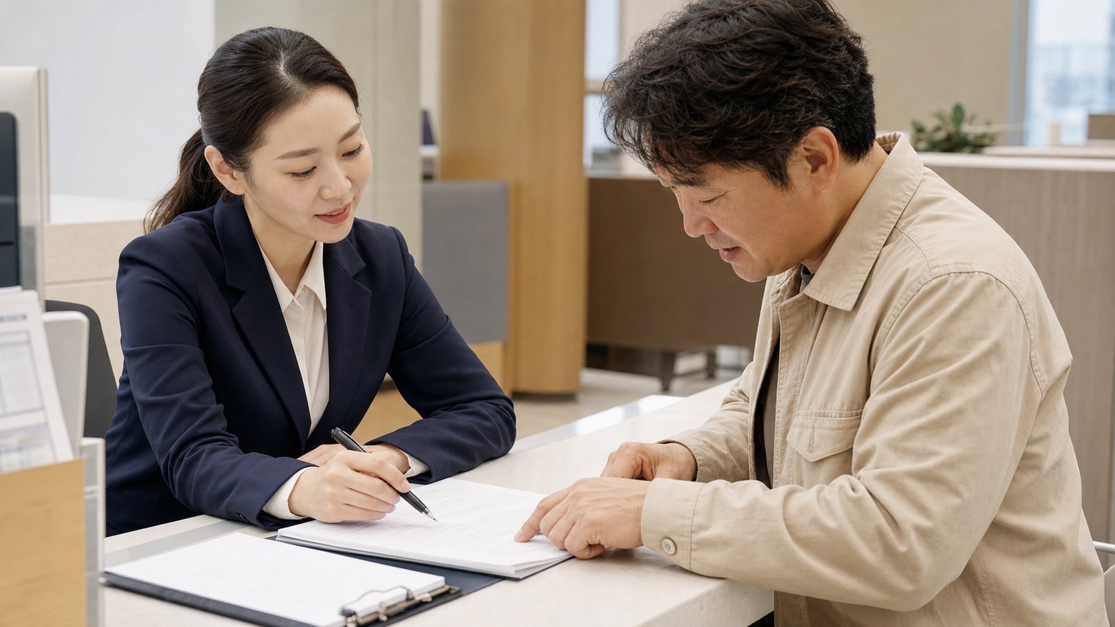 상담 창구에서 상담 직원과 서류를 주고받는 중소기업 관계자