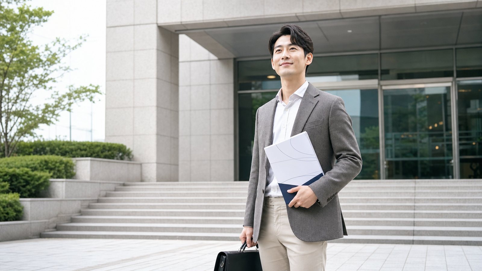 서류가방과 사업계획서를 들고 관공서 앞에 선 예비창업자